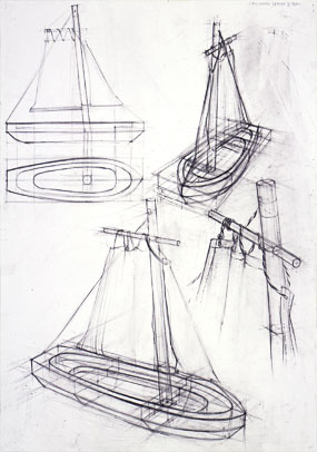 Freehand drawings of toy boat, in pencil