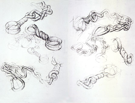 Freehand drawings of chains, with bamboo pen and ink