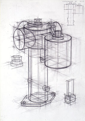 Freehand drawings of motor parts, in pencil