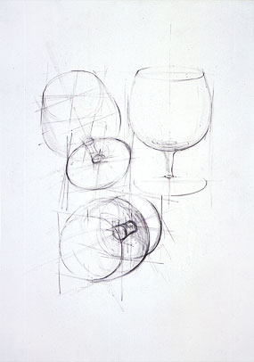 Freehand drawings of glass snifter, with brush and ink