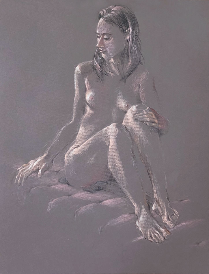Seated, nude female figure, colored pencils