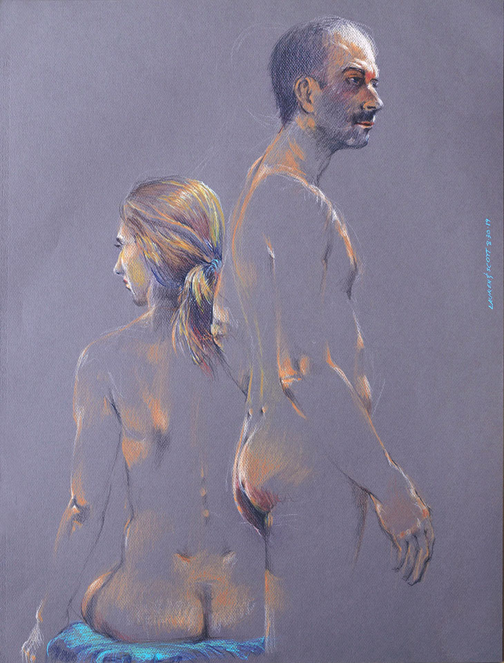 Female and male nude figures: Lauren and Scott, 2019; colored pencils; 19.5" x 25.5", on dark gray Canson paper.