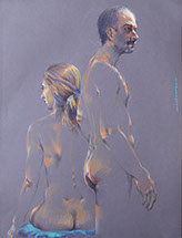 Female and male nude figures: 2019; colored pencils; 19.5" x 25.5"Lauren and Scott, on dark gray Canson paper.