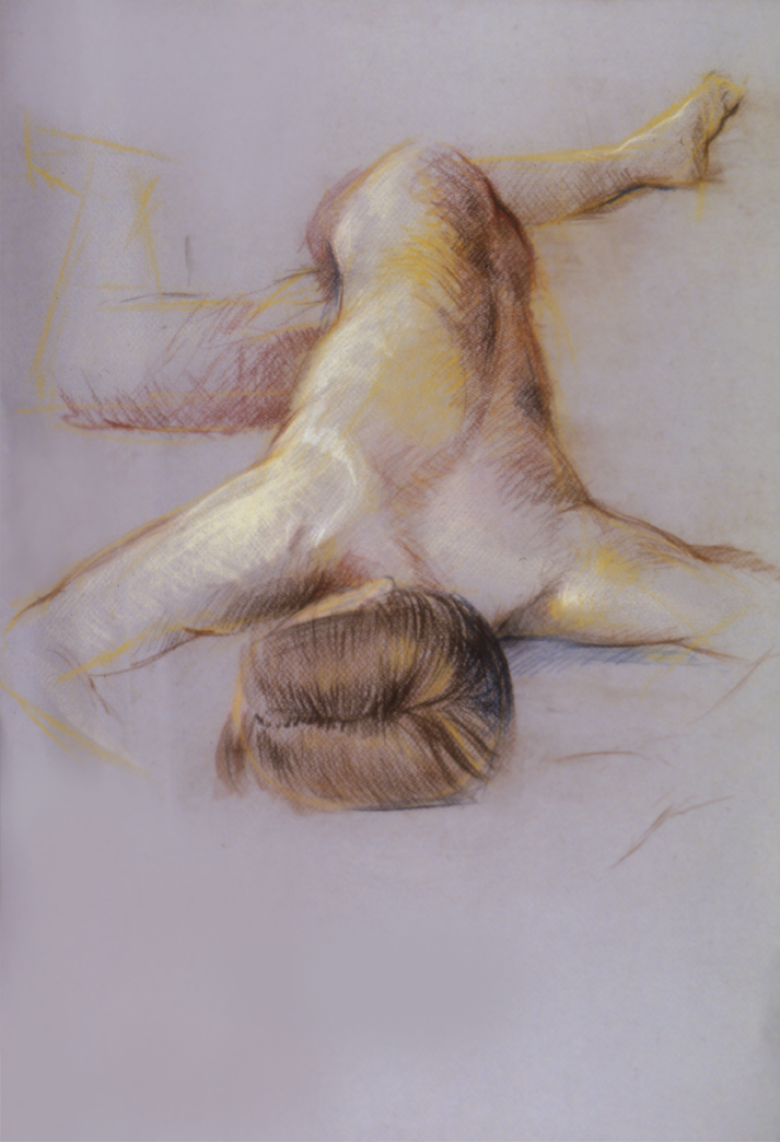 Reclining male nude figure, gray paper, colored chalks