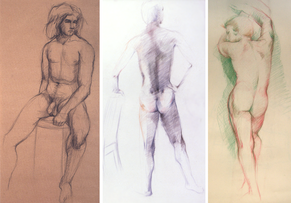 Male nude figure drawings: vine charcoal, Derwent Studio Pencils, colored chalks