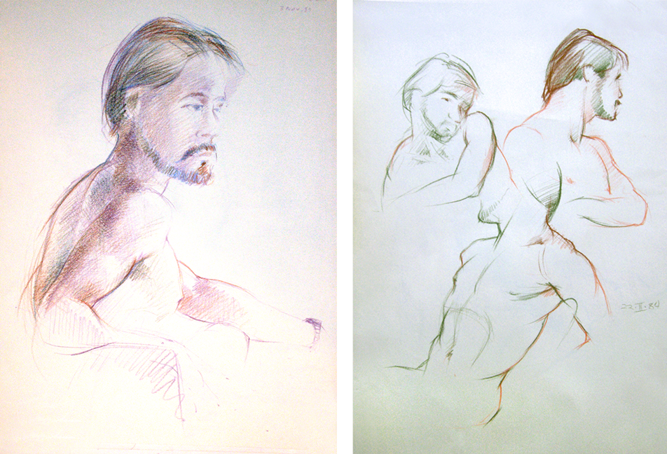 Male nude figure drawings: Prismacolors, colored chalks