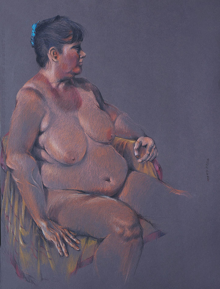 Portly siitting female nude figure, colored pencils on dark gray Canson paper