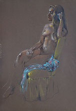 Seated youn female nude: Miranda; Derwent Studio pencils on Canford Mocha