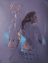 Standing bald nude male and seated female nude with braided hair, colored pencils on Canson dark gray paper.