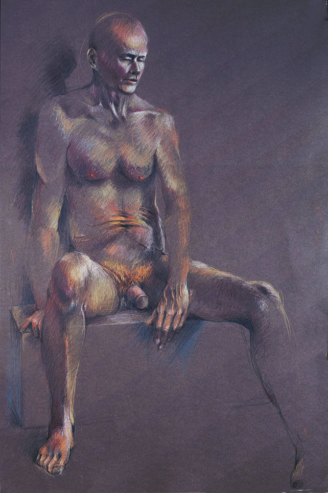 Seated male nude with bald head, on Canford Mocha paper.