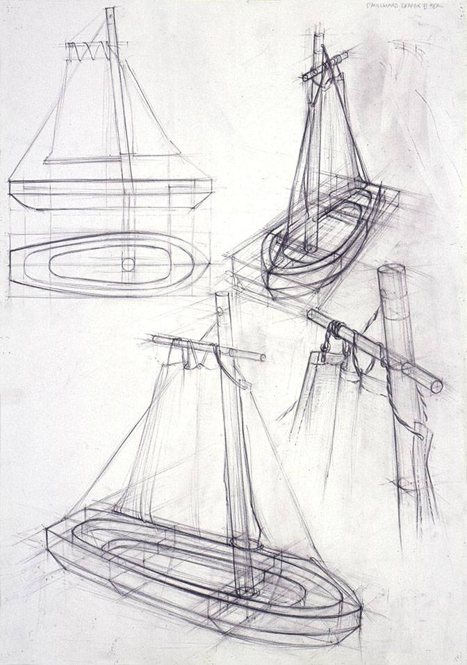 Basic construction drawing: entoy siliing ship, graphite pencil on A2 drawing paper, 42 cm x 59.4 cm