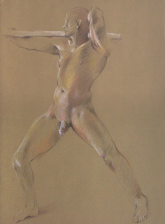 Standing nude male figure,  Kraft Stonehenge paper, Derwent Studio pencils