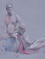 Seated male nude and recumbent female nude; Derwent Studo pencils