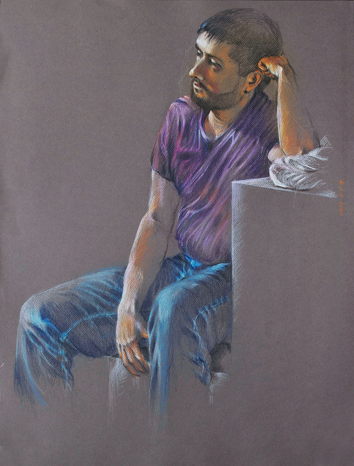 Portrait of seated young man, resting his head on his hand; colored pencils