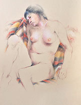 Sitting female nude figure on striped blanket, Derwent Studio Pencils
