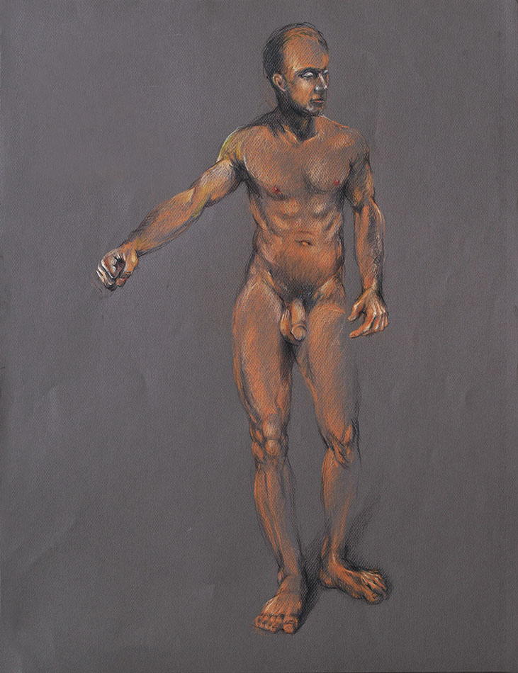 Muscular standing male nude figure: Scott, 2019; colored pencils; 19.5:" x 25.5" on dark gray Canson paper.