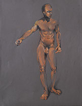 Muscular standing male nude figure: Scott, 2019; colored pencils; 19.5:" x 25.5",  on dark gray Canson paper.
