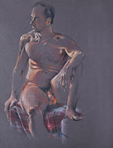 Seated male nude figure: Scott, 2019; colored pencils; on Canson dark gray paper 19.5" x 25.5"
