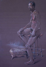 Sitting muscular male nude figure: Scott; Derwent Studio pencils on Canford mocha paper.