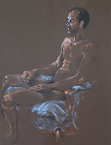 Male nude seated in armchair: colored pencils