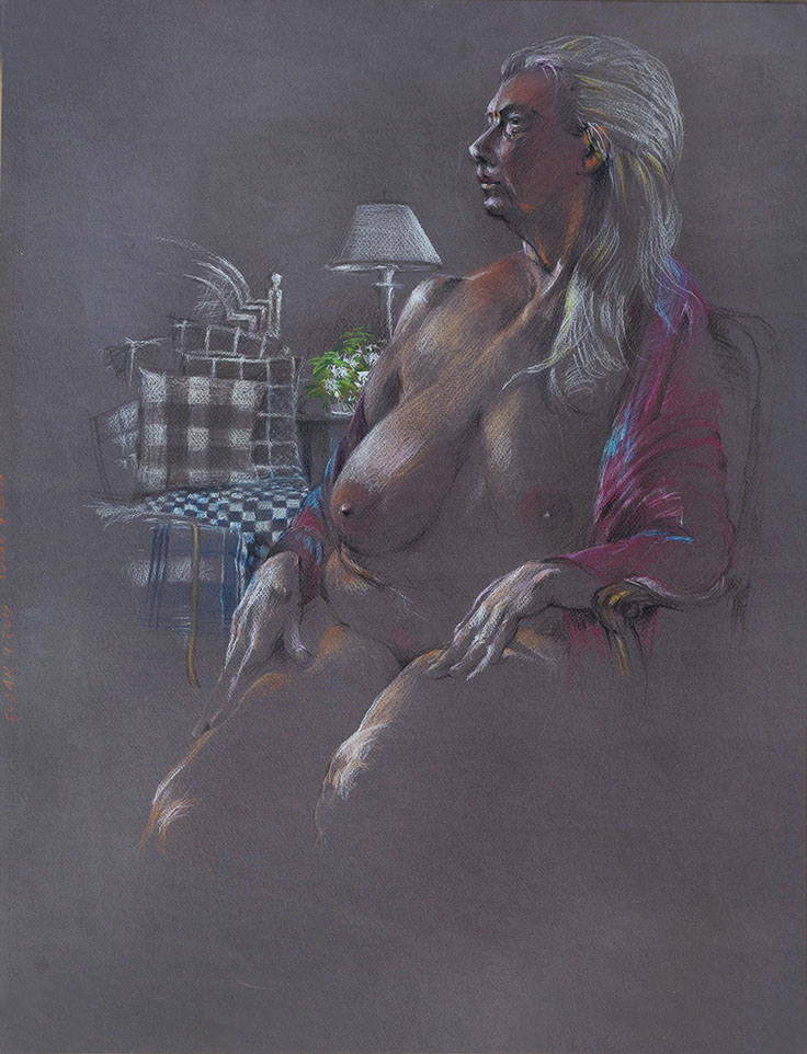 Portly female nude figure: Susan, 2020;  colored pencils on Canson dark gray paper; 19.5" x 25.5"