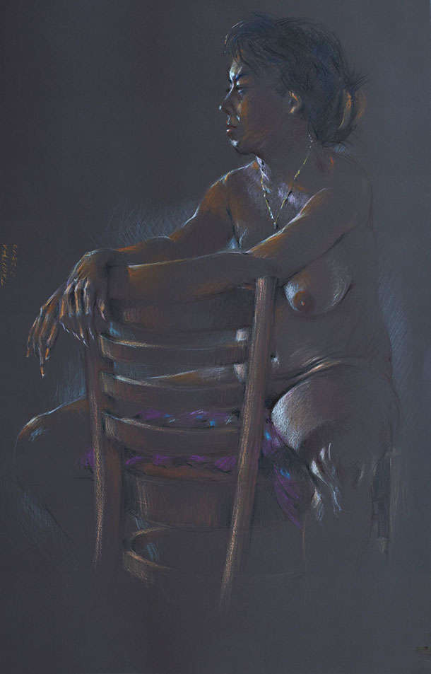 Female nude figure straddling a chair Mocha Canson paper, Derwent Studio Pencils