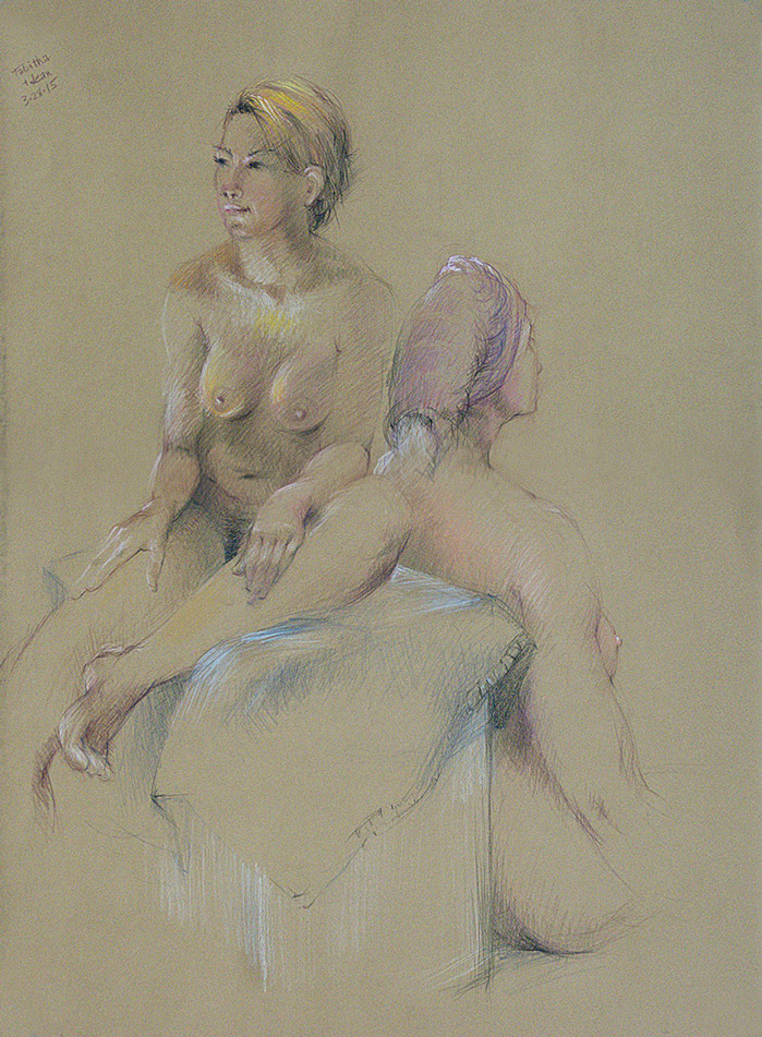 Seated female nude figures, Derwent Studio Pencils on Kraft Stonehenge paper