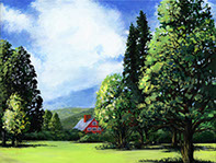 Tanglewood Berkshires landscape with trees and lawn, acrylics on canvas