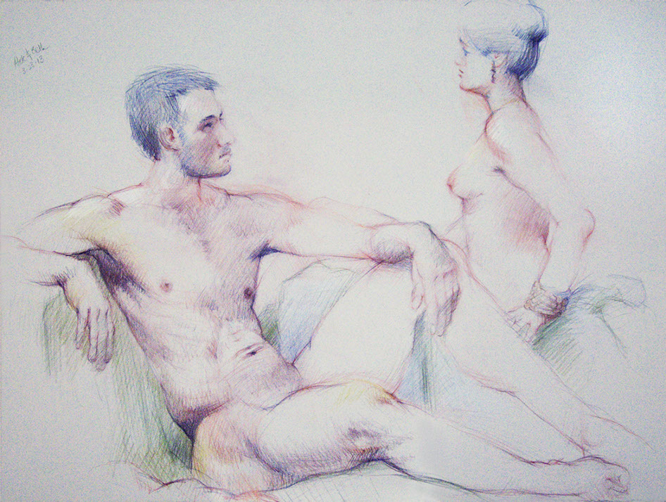 Reclining male and female nude figures, Derwent Studio Pencils