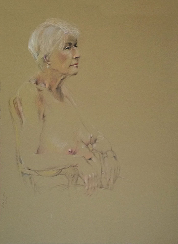 Sitting, older nude female male figure, Derwent Studio pencils on Stonehenge Kraft paper