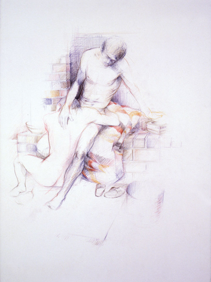Male and female nude figure drawing: colored pencils