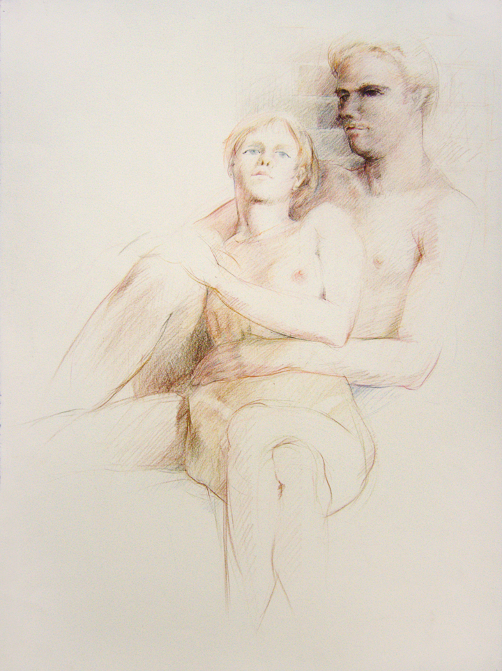 Female and male nude seated figures, colored pencils on Stonehenge paper