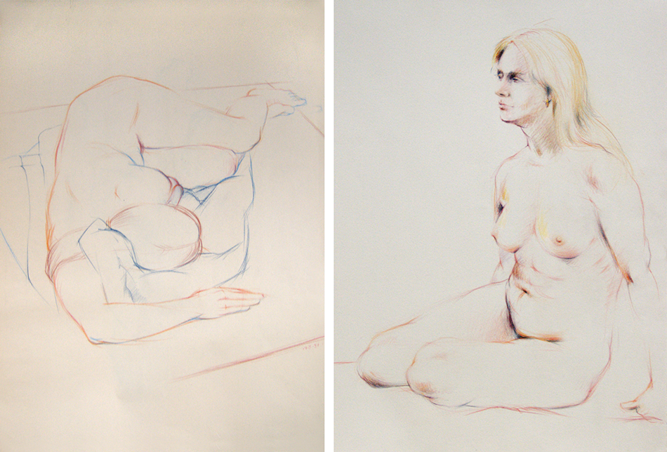 Reclining and sitting nude female figures, colored chalks, Derwent Studio Pencils