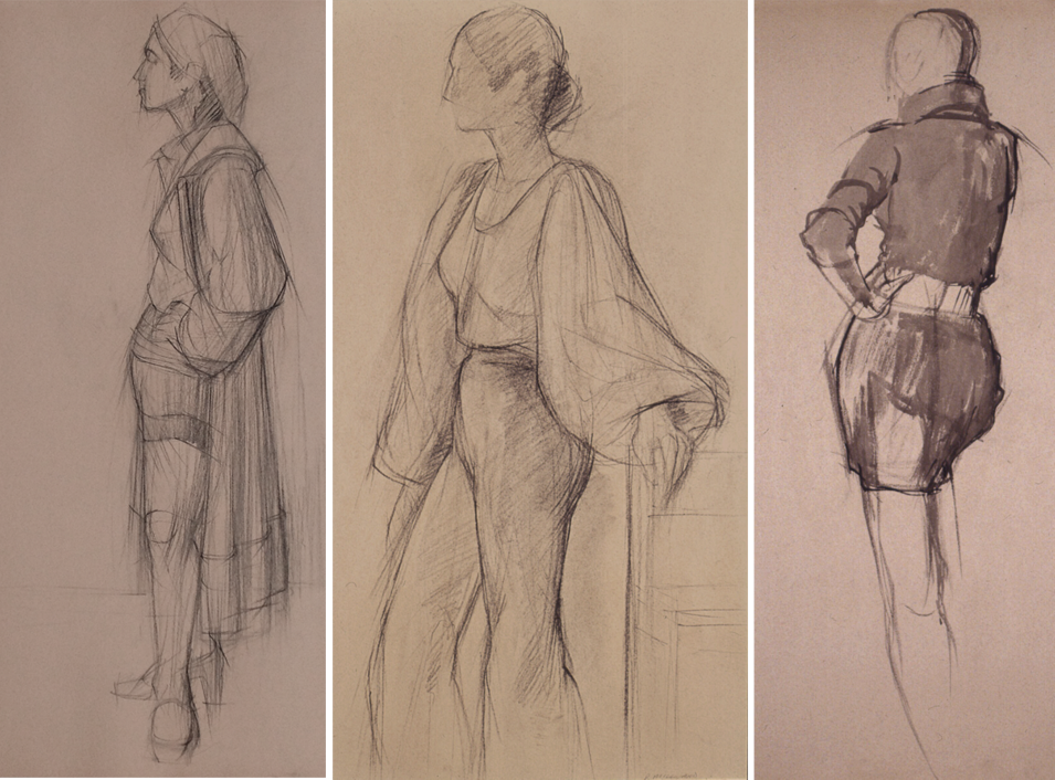 Standing clothed female figures, various brown tinted drawing papers, vine charcoal, brush and ink