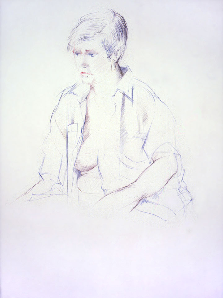 Sitting female figure drawing, partly clothed, Derwent Studio Pencils