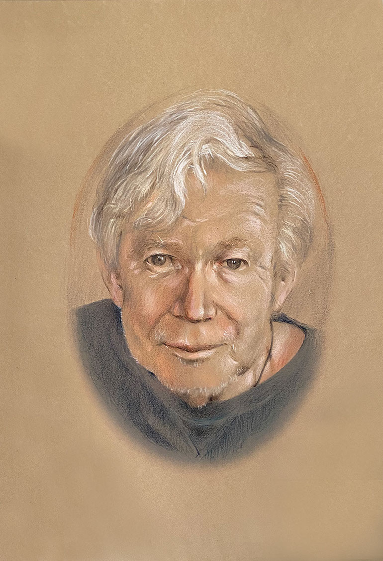 White-haired man portrayed in an oval format