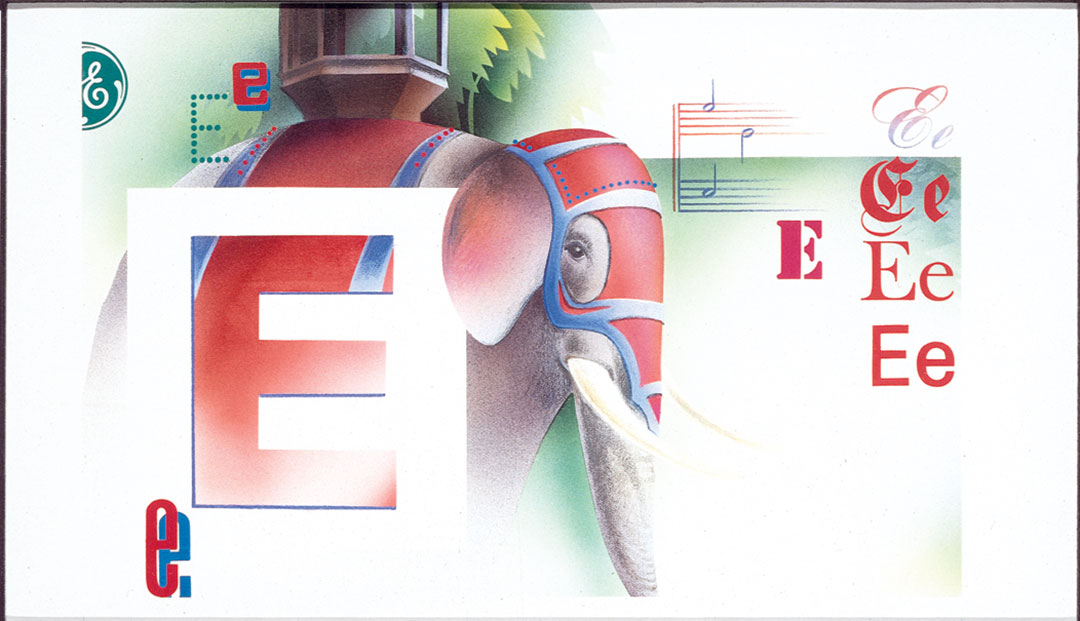 E is for Elephant: New Book of Knowledge: alphabet header illustration