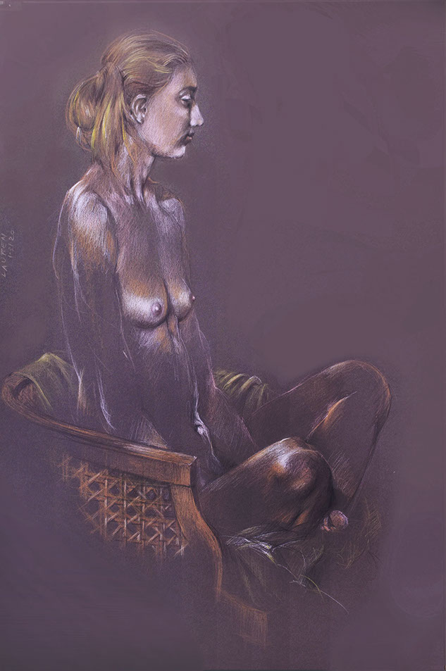 Young, seated nude female figure, colored pencils on Canford mocha paper.