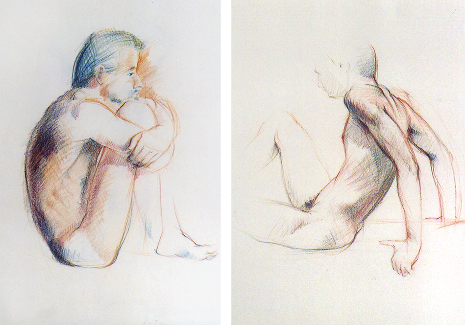Sitting male nude figure drawings: Prismacolors
