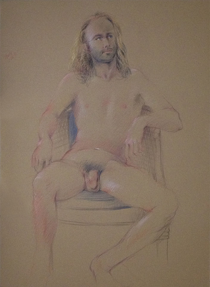 Male nude seated figure, colored pencils on brown Stonehenge paper