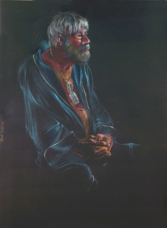 Seated elderly man in a robe, Mike, with military dogtags on Stonehenge black paper, 22" x 30"