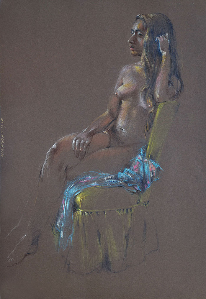 Sitting, young nude female figure, Miranda; Derwent Studio pencils on Canford Mocha paper