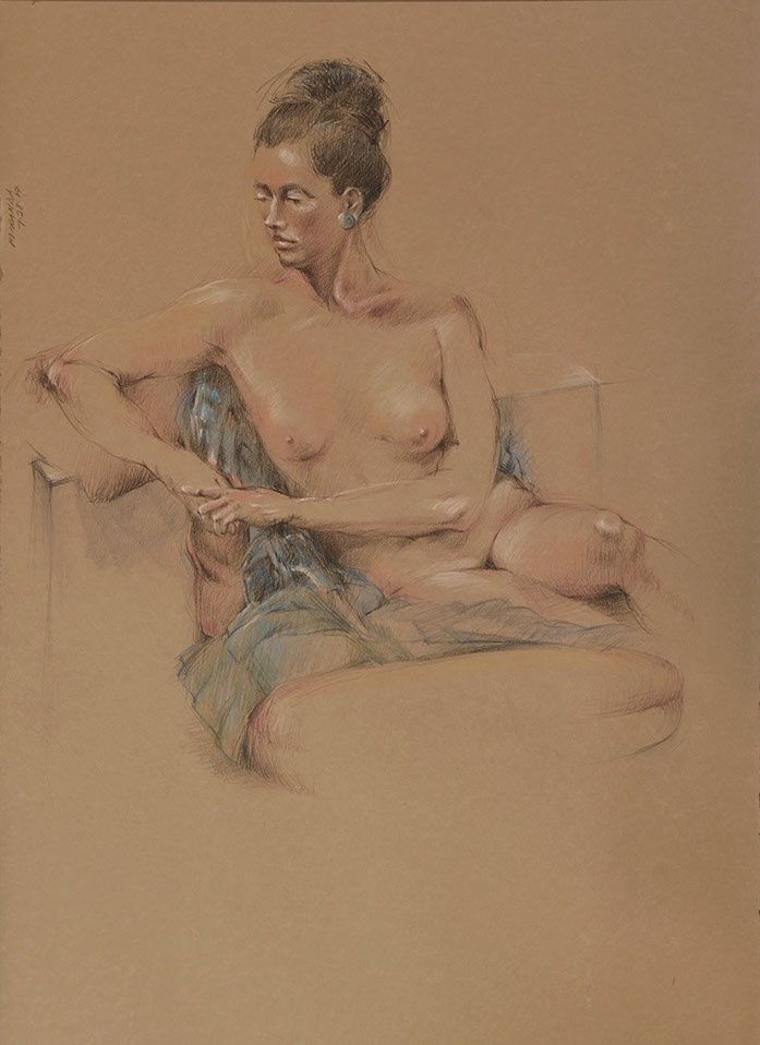 Reclining female nude figure: Miranda; colored pencils on kraft-colored Stonehenge paper, 22" x 30"