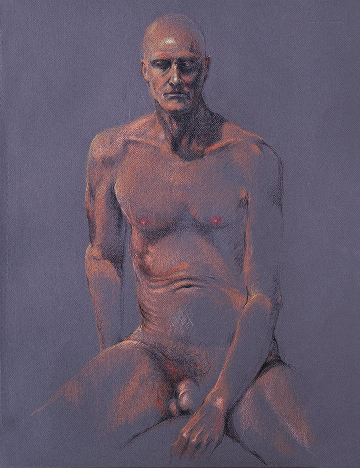 Intense, male nude figure drawings: colored pencils on Canson dark gray paper