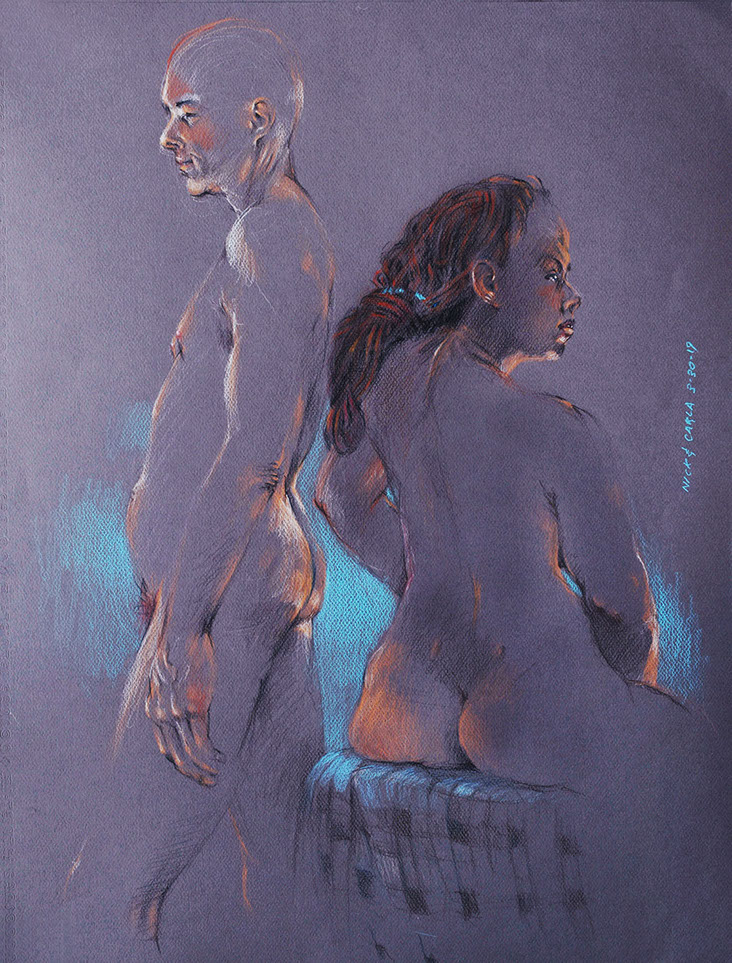 Standing bald nude male and seated female nude with braided hair, colored pencils on Canson dark gray paper.