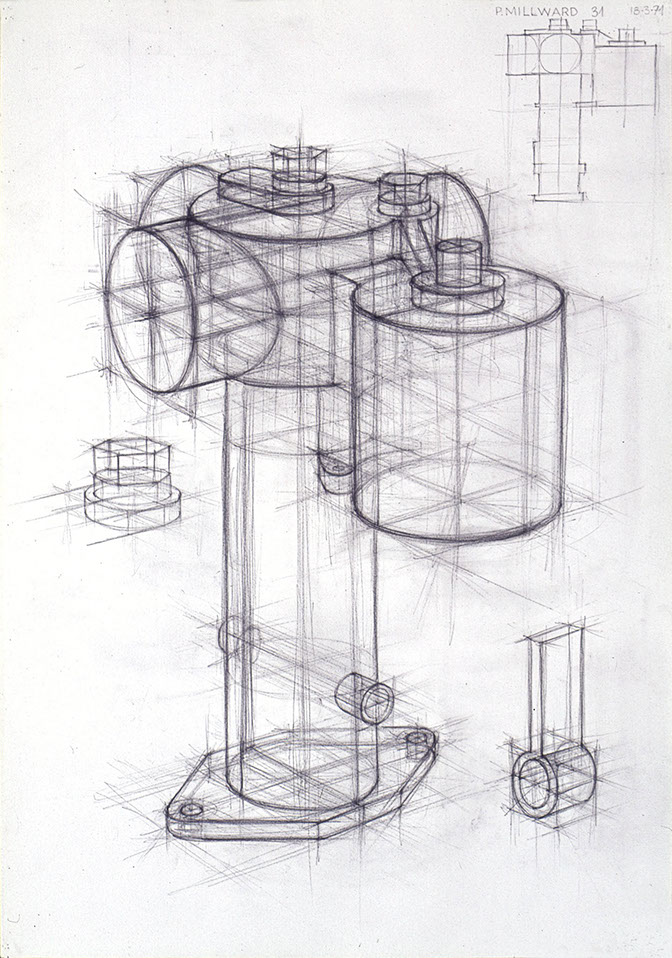 Basic construction drawing: engine component, graphite pencil on A2 drawing paper, 42 cm x 59.4 cm