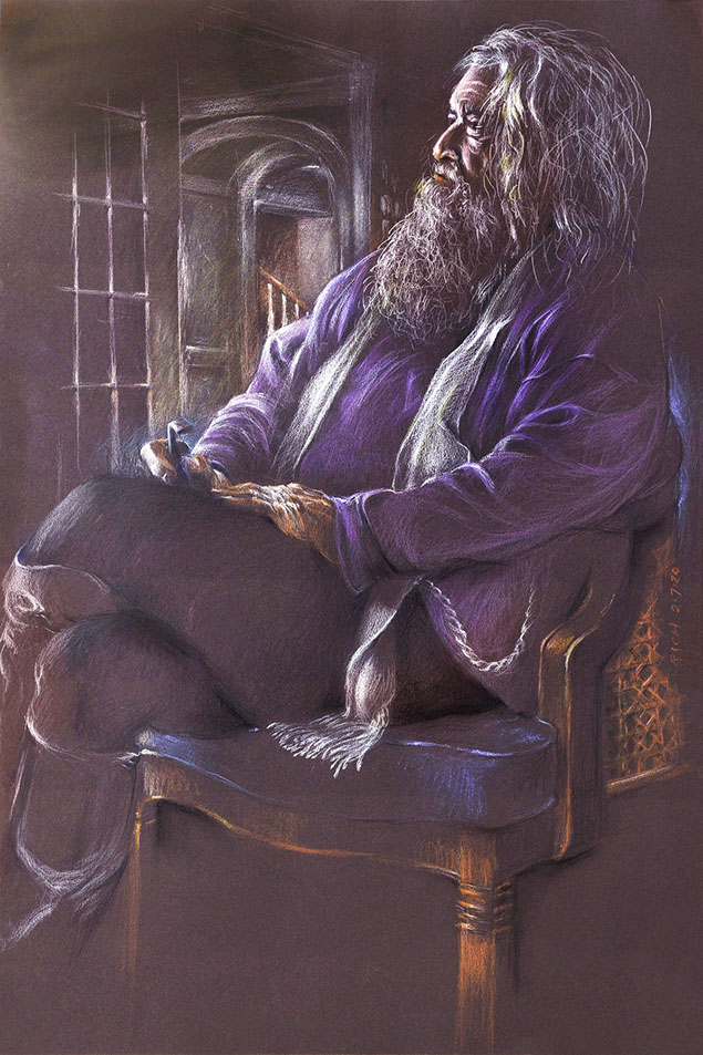 Portrait of a bearded man holding a pipe, seated in a living room.