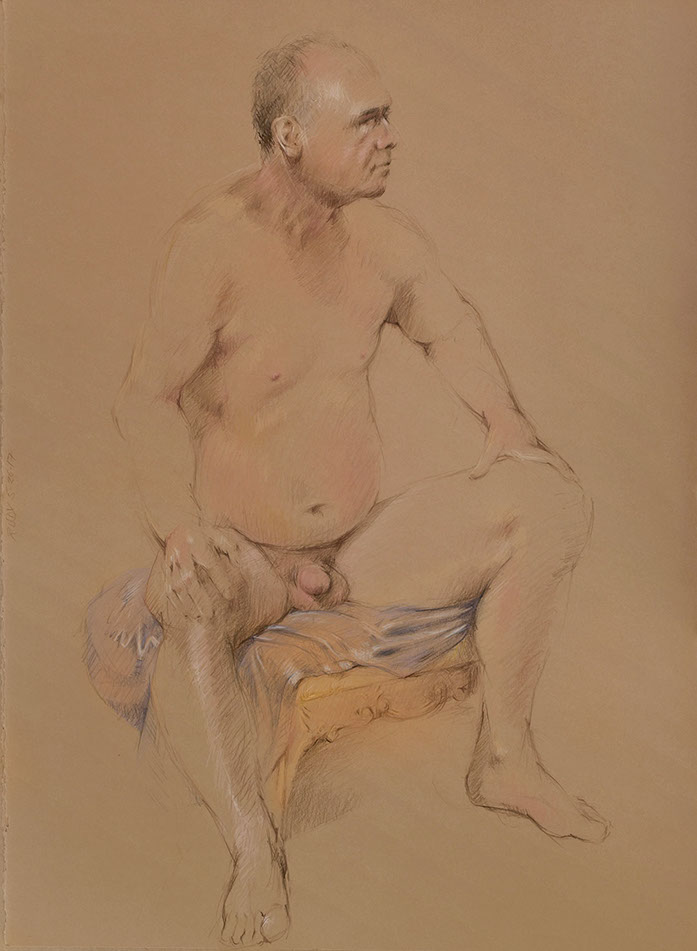 Seated mddle-aged nude male figure,  Kraft-colored Stonehenge paper, Derwent Studio pencils