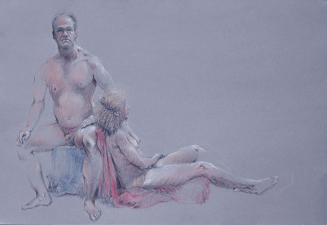 Seated male nude figure with recumbent female figure, Derwent Studio Pencils on Canford Gunmetal gray paper