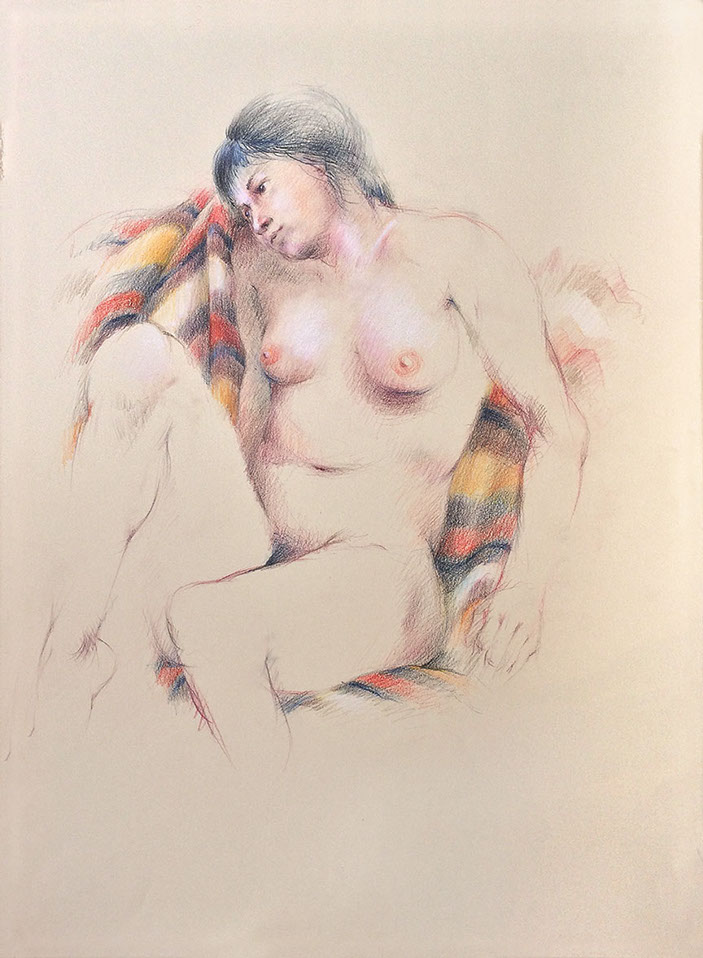Sitting female nude figure on striped blanket, Derwent Studio Pencils